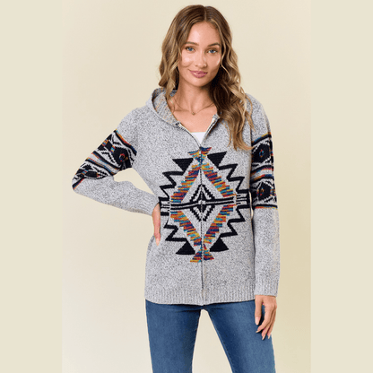 Hooded Marled Boho Print Zip Front Cardigan