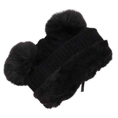 Soft Neutral Cable Knit Double Pom Beanie