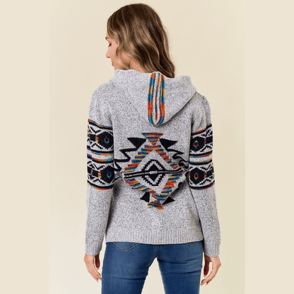 Hooded Marled Boho Print Zip Front Cardigan