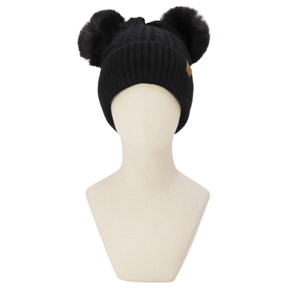 Soft Neutral Cable Knit Double Pom Beanie