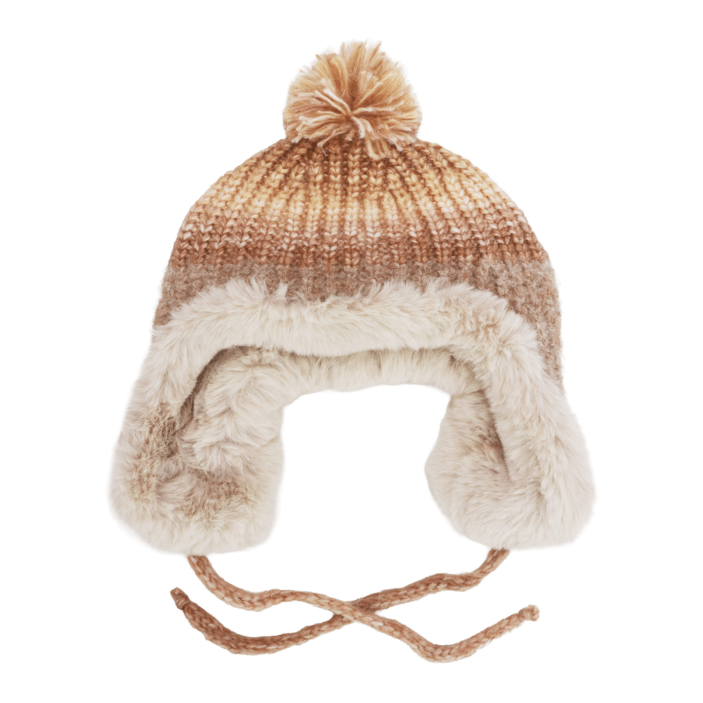 Ombre Knit Faux Fur Pom Pom Trapper Hat