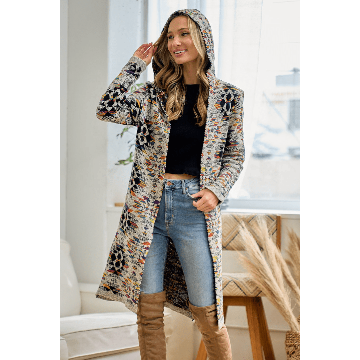 Hooded Boho Assymetric Print Open Front Cardigan
