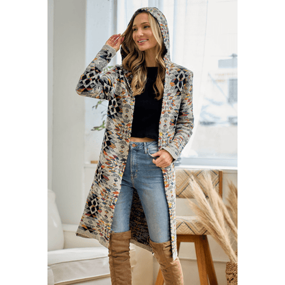 Hooded Boho Assymetric Print Open Front Cardigan
