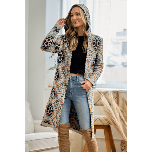 Hooded Boho Assymetric Print Open Front Cardigan