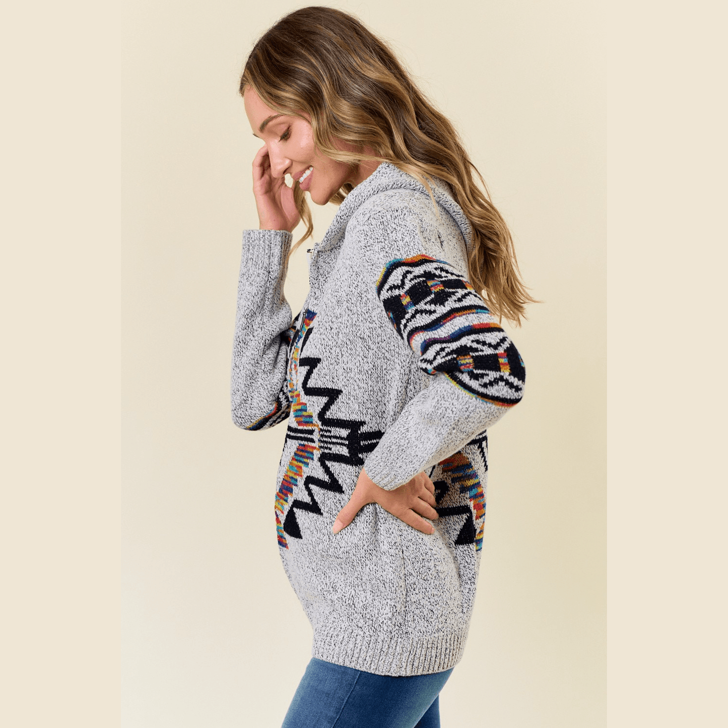 Hooded Marled Boho Print Zip Front Cardigan