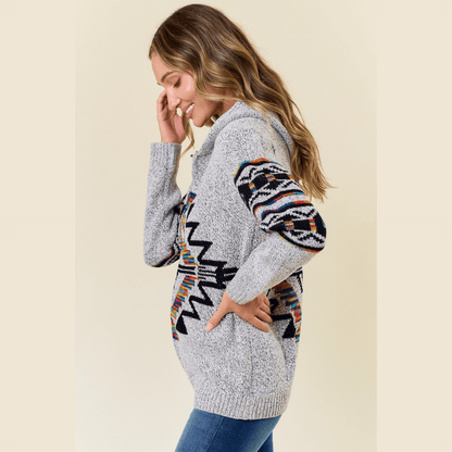 Hooded Marled Boho Print Zip Front Cardigan