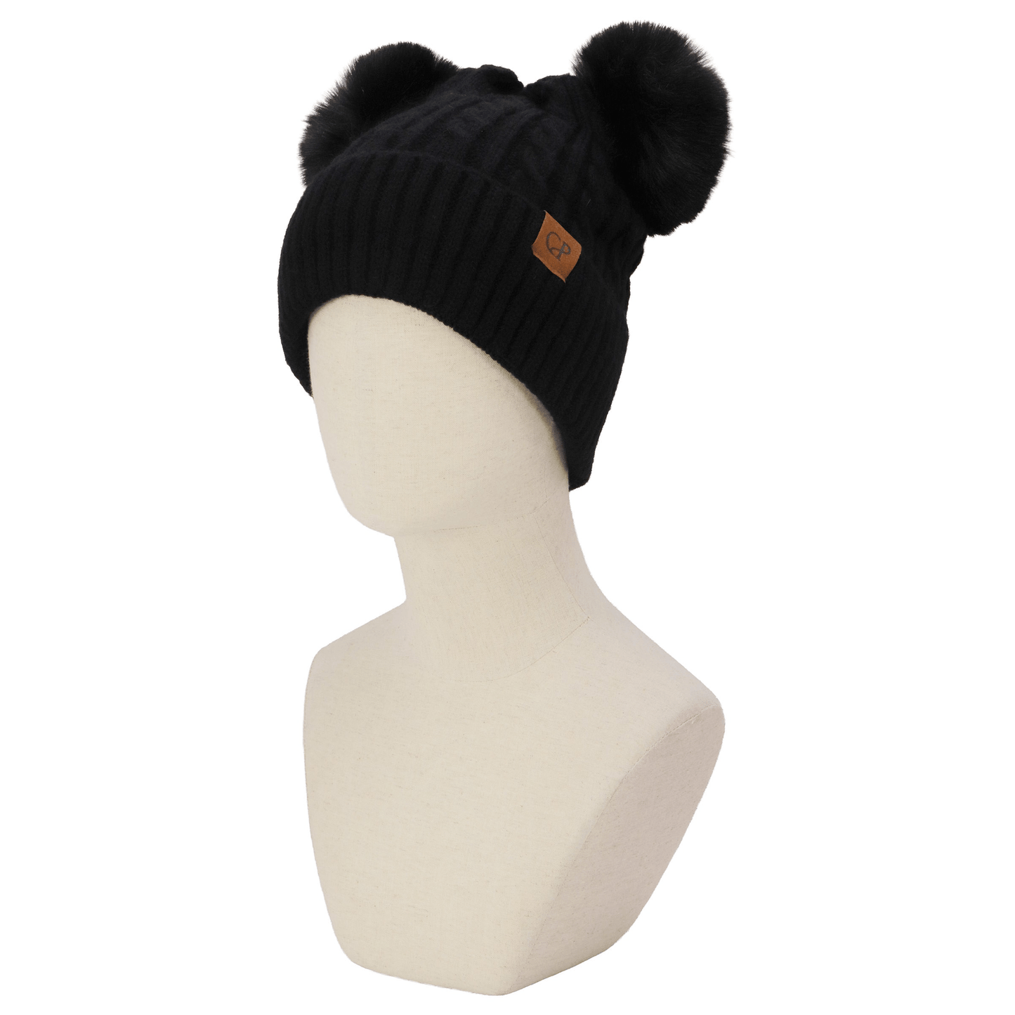 Soft Neutral Cable Knit Double Pom Beanie