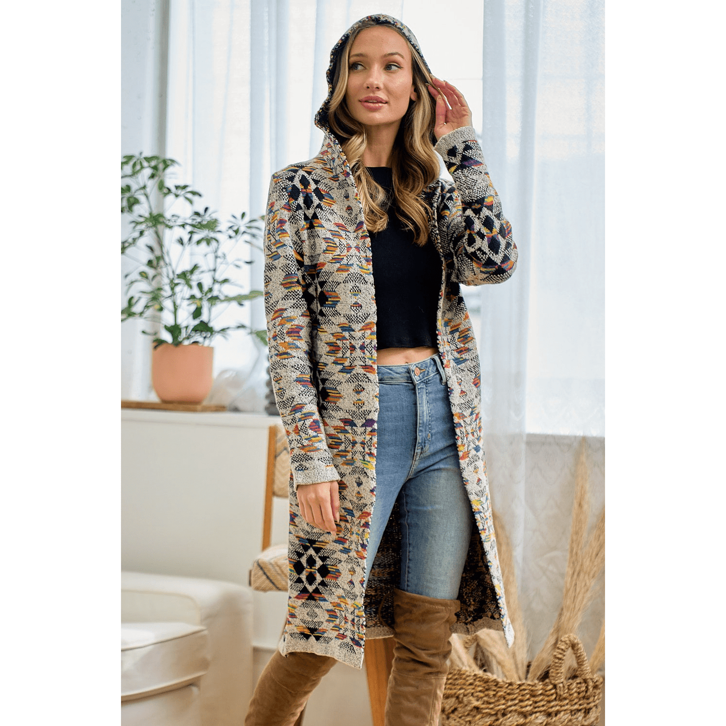 Hooded Boho Assymetric Print Open Front Cardigan