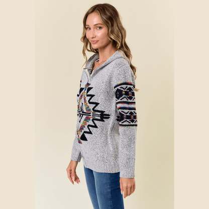 Hooded Marled Boho Print Zip Front Cardigan