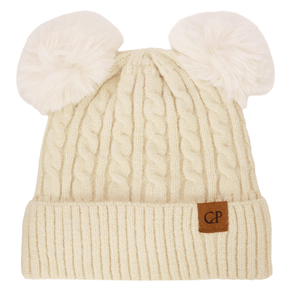 Soft Neutral Cable Knit Double Pom Beanie