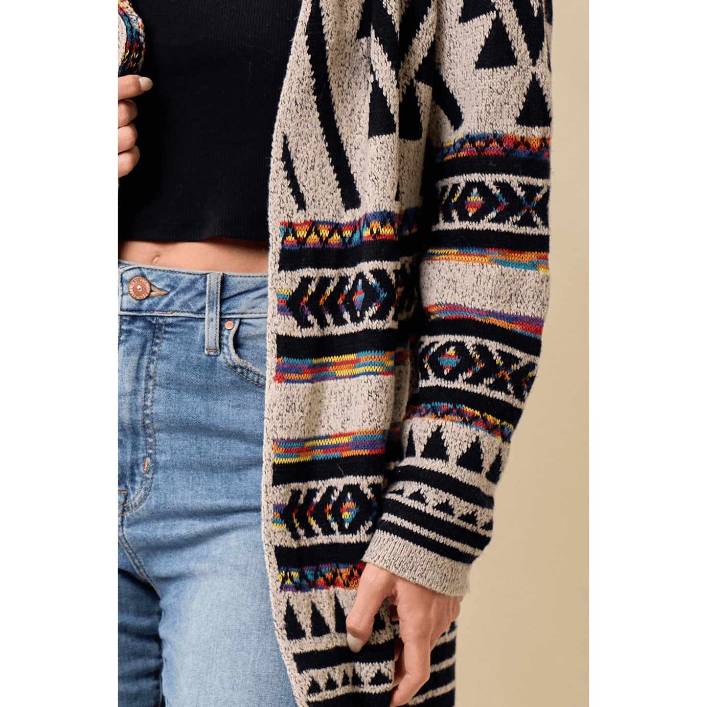 Hooded Boho Assymetric Print Cardigan