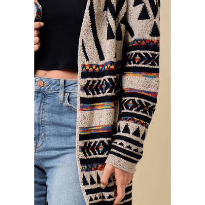 Hooded Boho Assymetric Print Cardigan