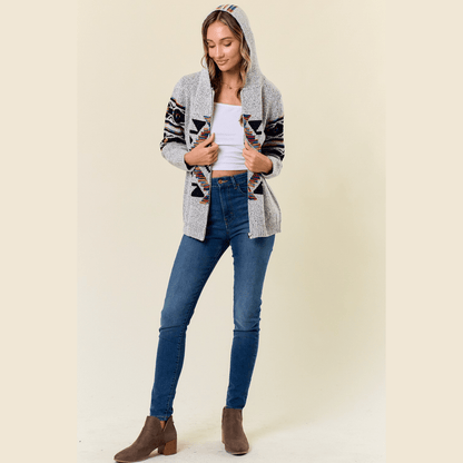 Hooded Marled Boho Print Zip Front Cardigan
