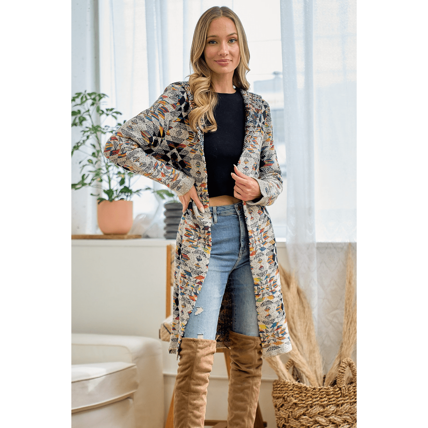 Hooded Boho Assymetric Print Open Front Cardigan