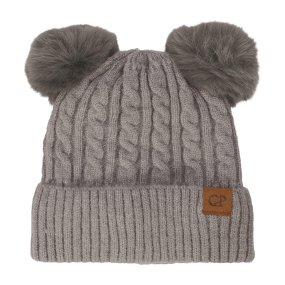 Soft Neutral Cable Knit Double Pom Beanie