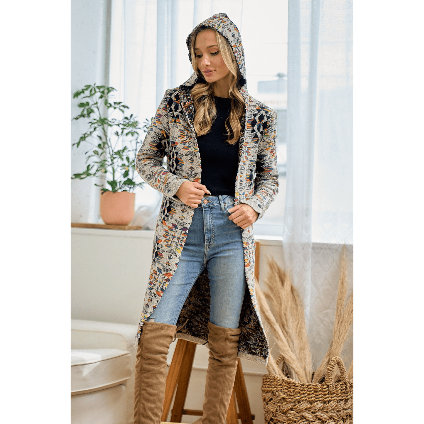 Hooded Boho Assymetric Print Open Front Cardigan