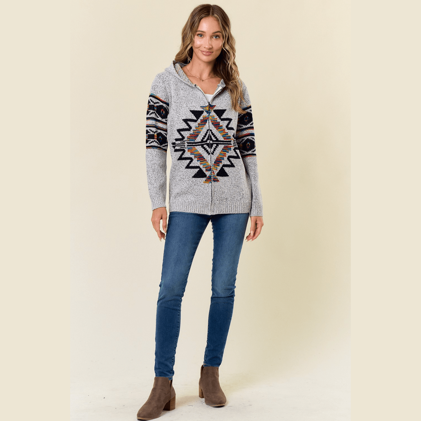 Hooded Marled Boho Print Zip Front Cardigan