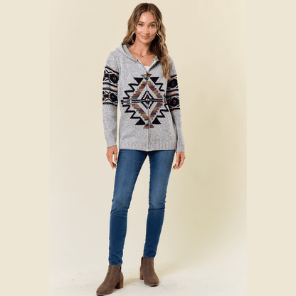 Hooded Marled Boho Print Zip Front Cardigan