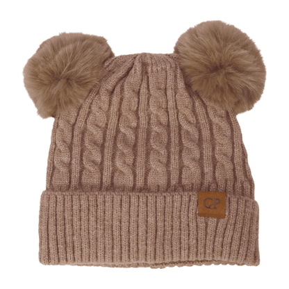Soft Neutral Cable Knit Double Pom Beanie