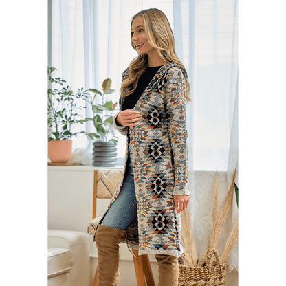 Hooded Boho Assymetric Print Open Front Cardigan