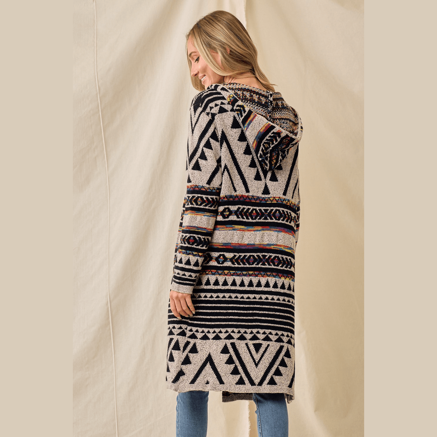 Hooded Boho Assymetric Print Cardigan
