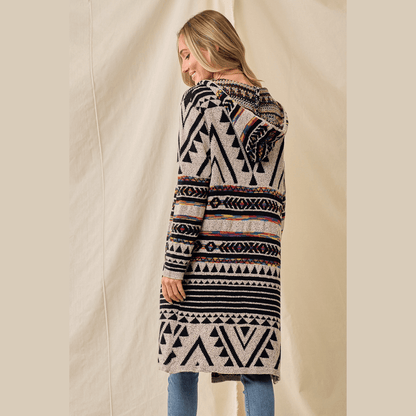 Hooded Boho Assymetric Print Cardigan