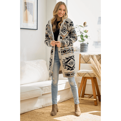 Sweater Hooded Long Cardigan W/ Sherpa Lining