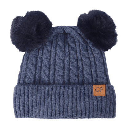 Soft Neutral Cable Knit Double Pom Beanie