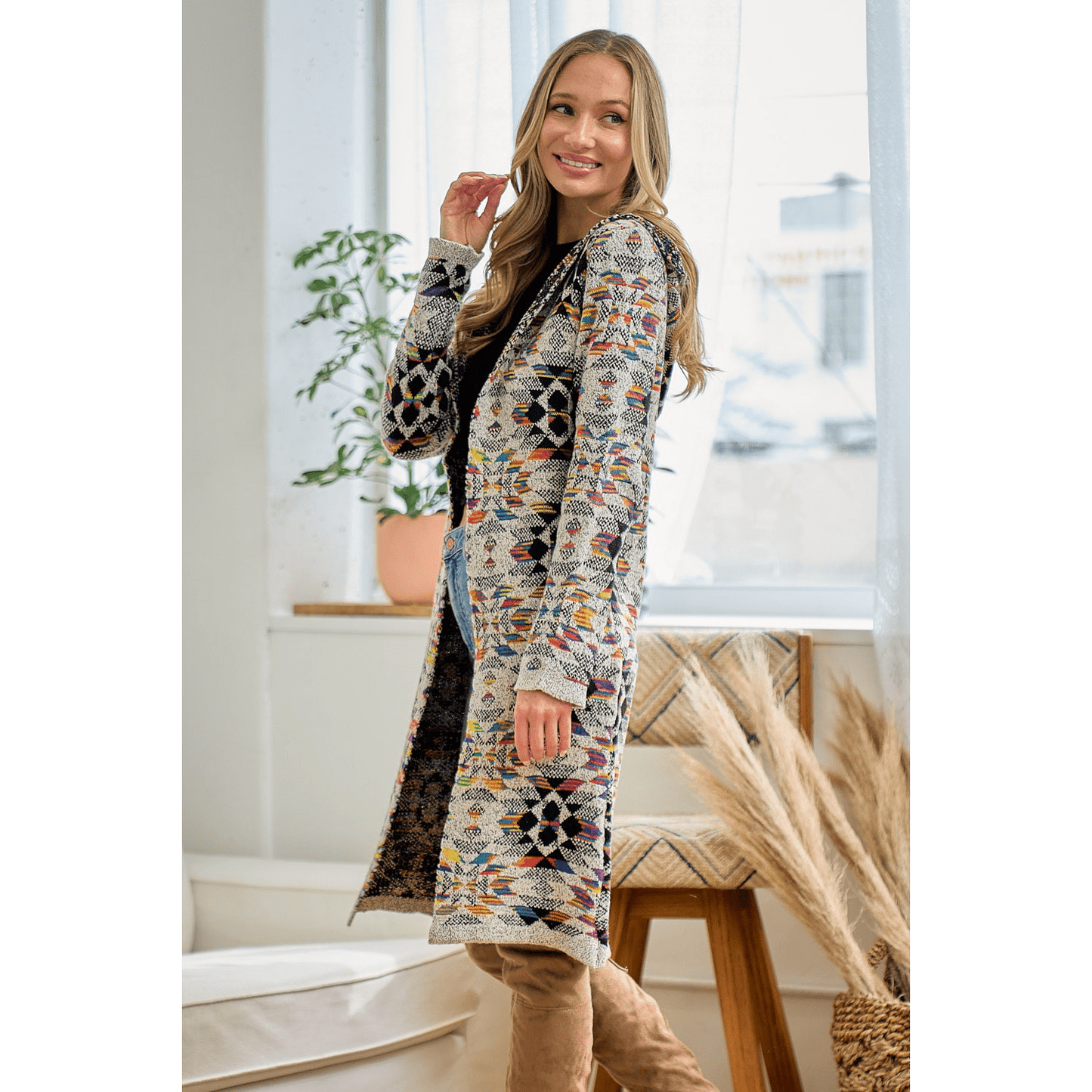 Hooded Boho Assymetric Print Open Front Cardigan