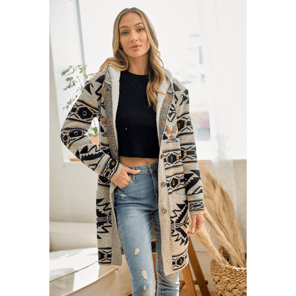 Sweater Hooded Long Cardigan W/ Sherpa Lining