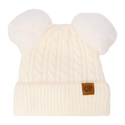 Soft Neutral Cable Knit Double Pom Beanie