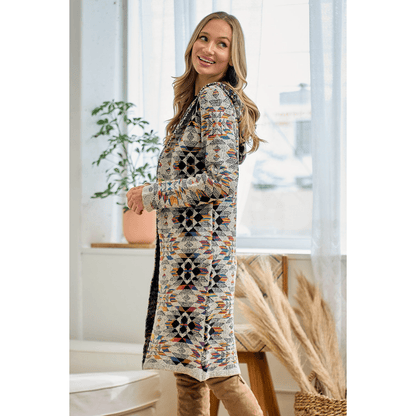 Hooded Boho Assymetric Print Open Front Cardigan