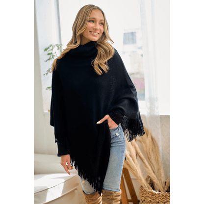 Cozy Sweater Cowl Neck Poncho With Fringe Trim