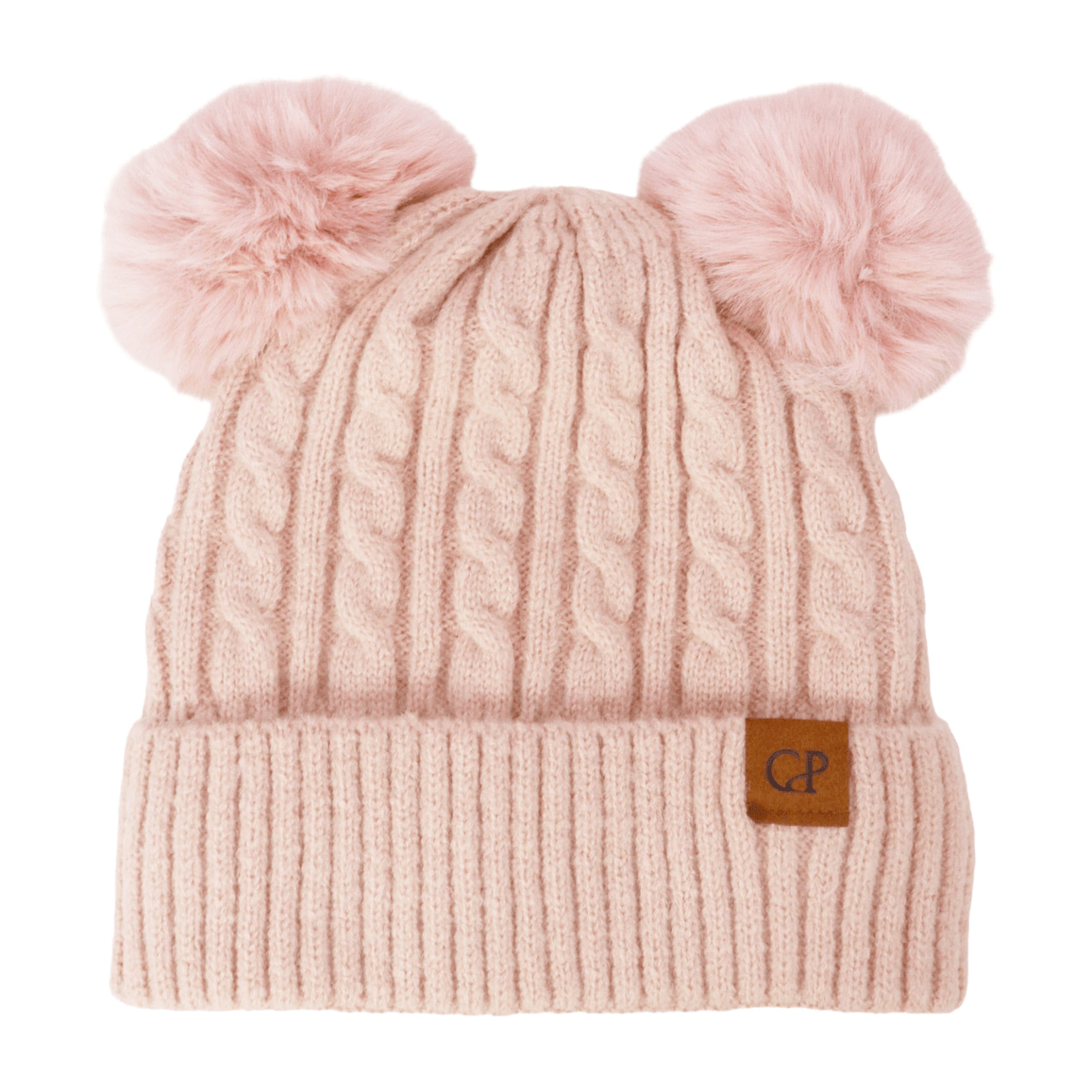 Soft Neutral Cable Knit Double Pom Beanie