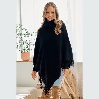 Cozy Sweater Cowl Neck Poncho With Fringe Trim