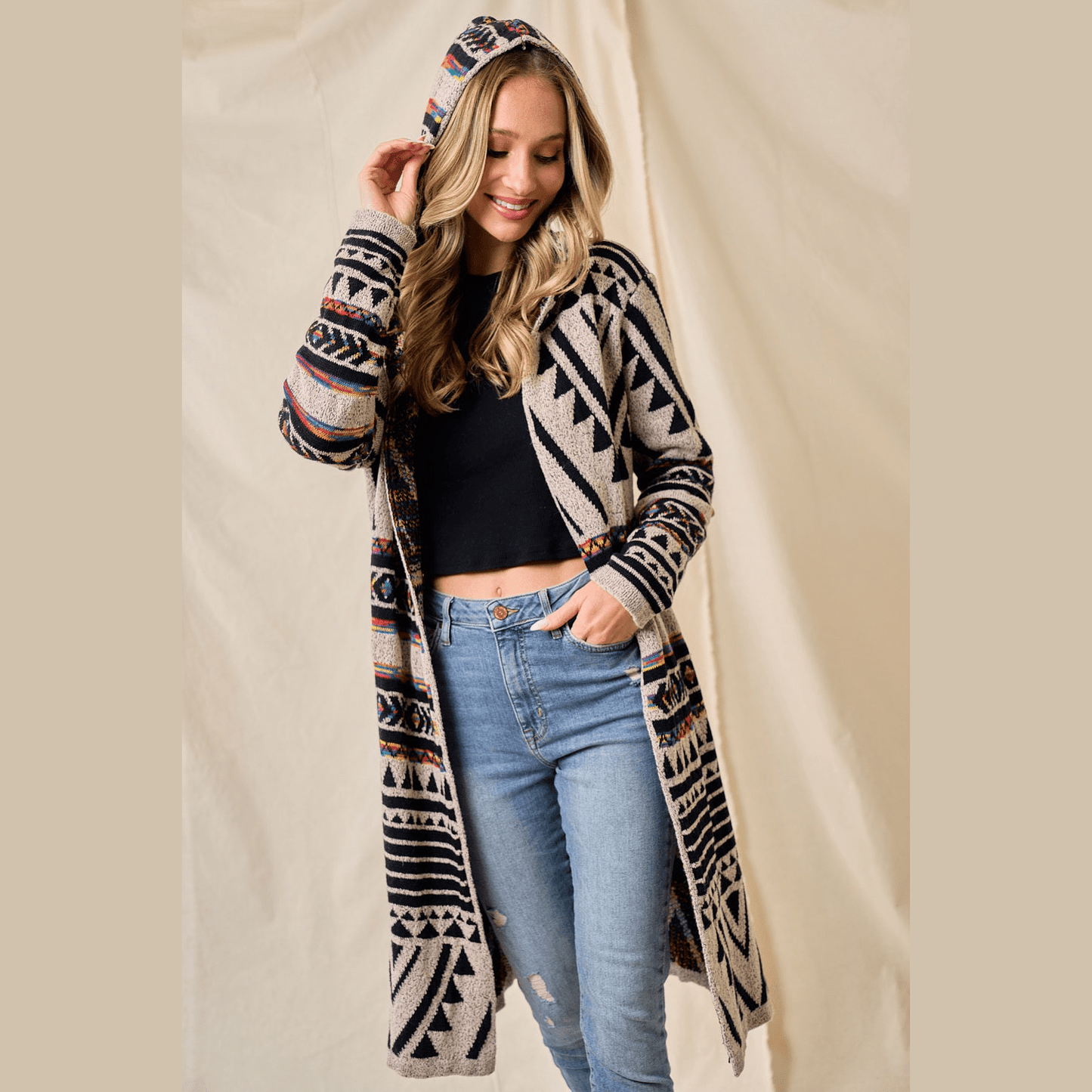 Hooded Boho Assymetric Print Cardigan