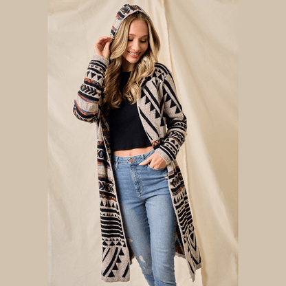 Hooded Boho Assymetric Print Cardigan