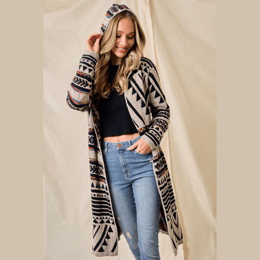 Hooded Boho Assymetric Print Cardigan