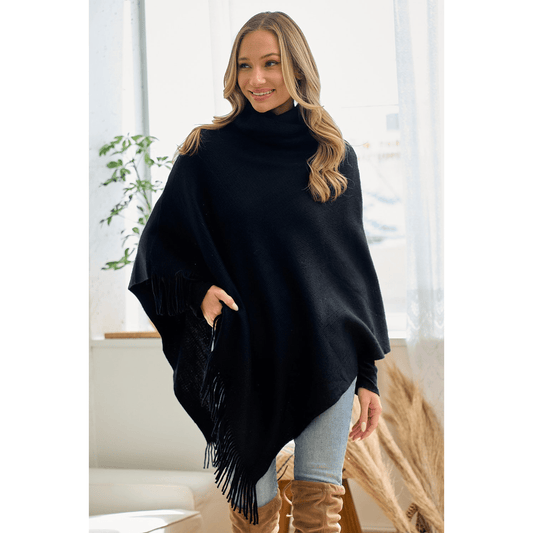 Cozy Sweater Cowl Neck Poncho With Fringe Trim