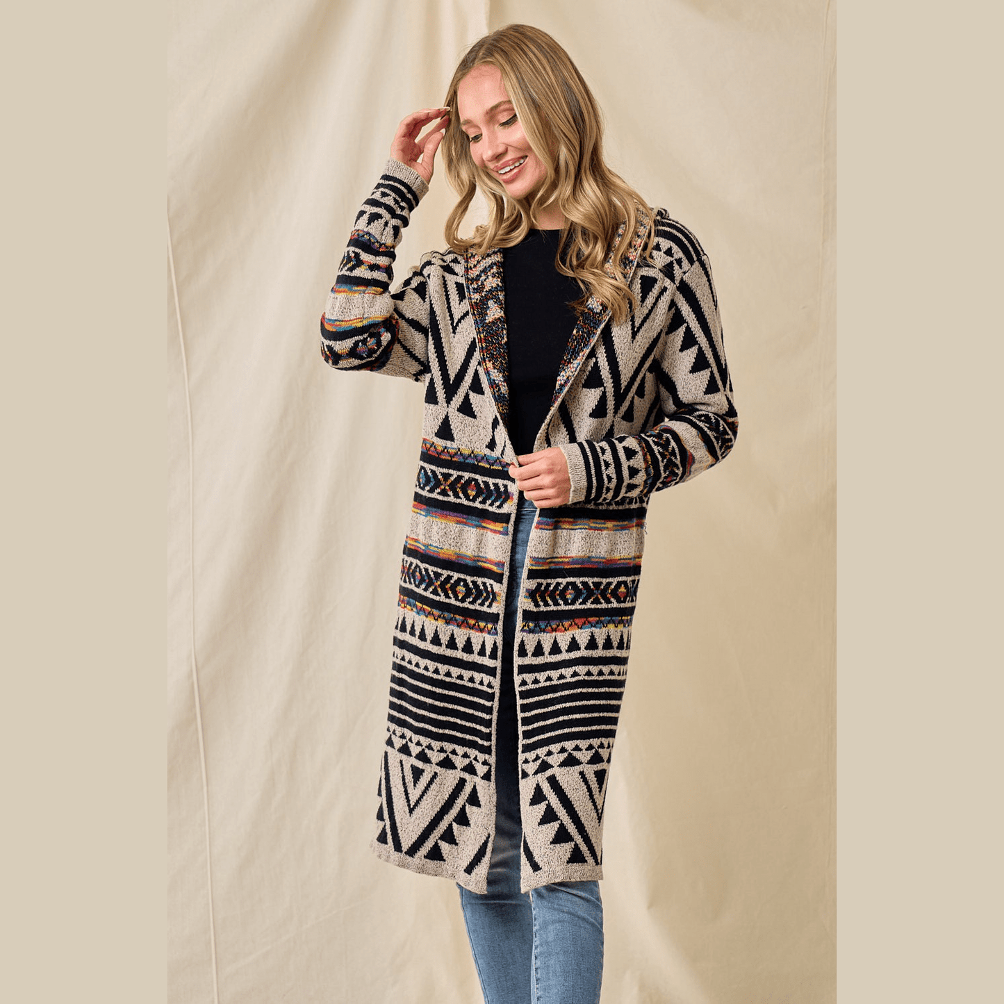 Hooded Boho Assymetric Print Cardigan