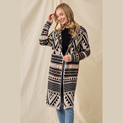 Hooded Boho Assymetric Print Cardigan