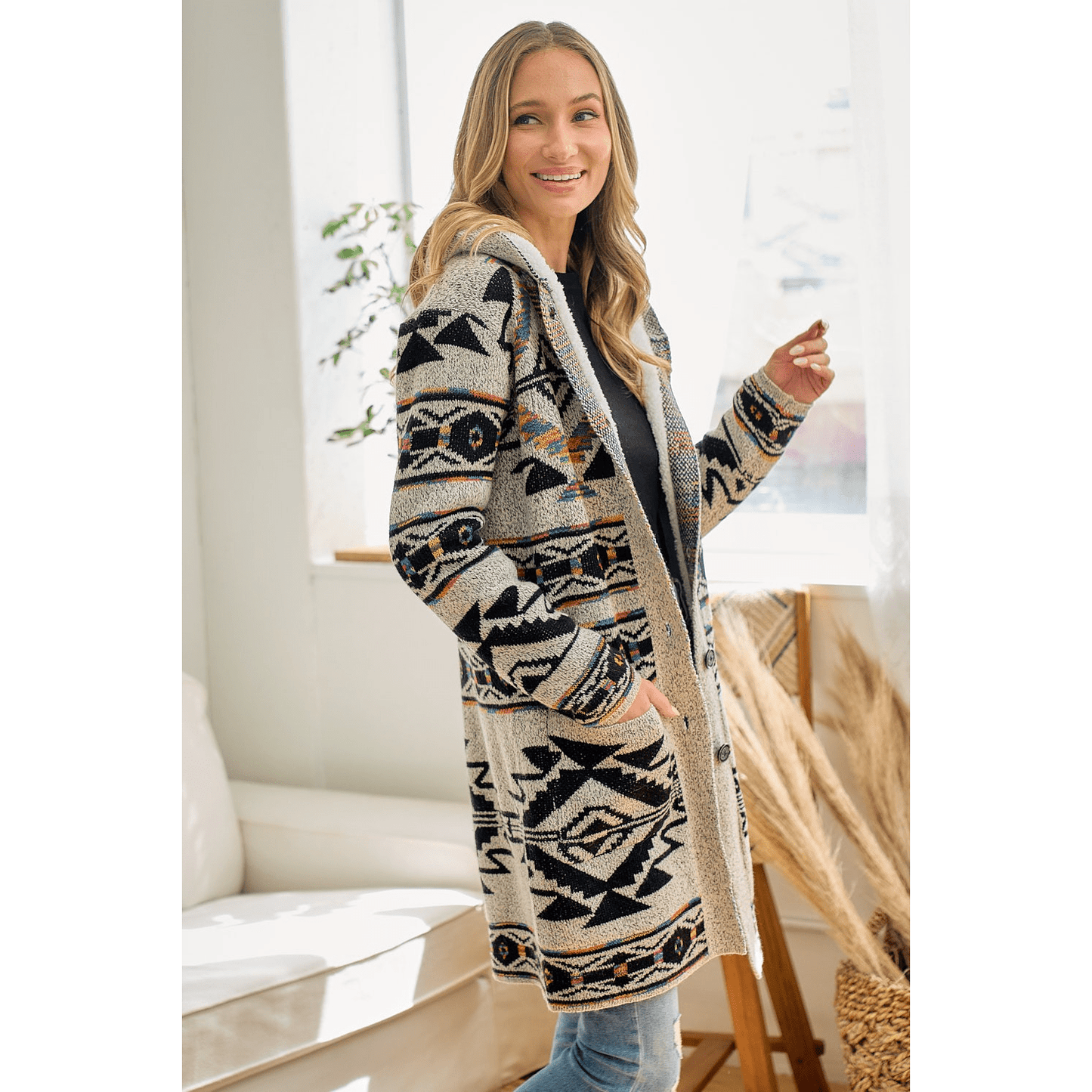 Sweater Hooded Long Cardigan W/ Sherpa Lining