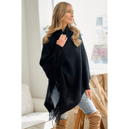 Cozy Sweater Cowl Neck Poncho With Fringe Trim