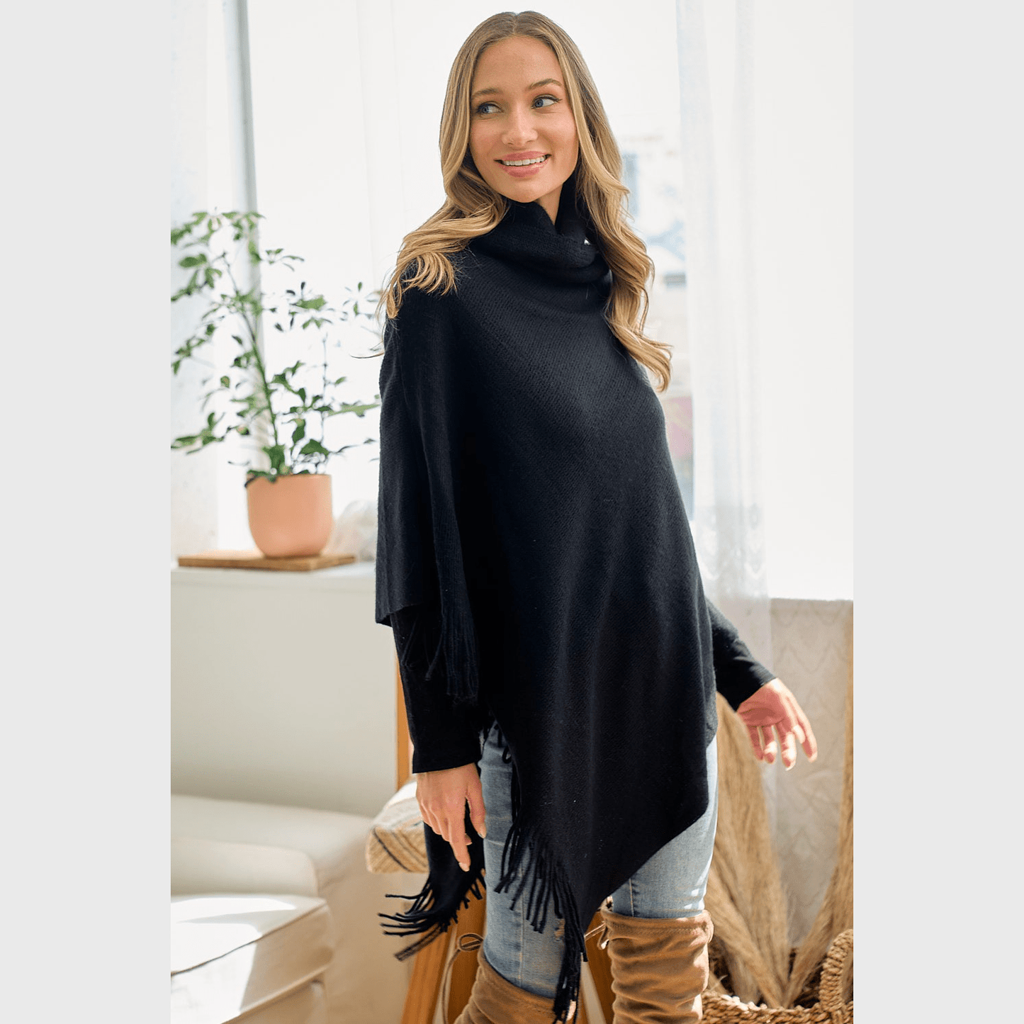 Cozy Sweater Cowl Neck Poncho With Fringe Trim