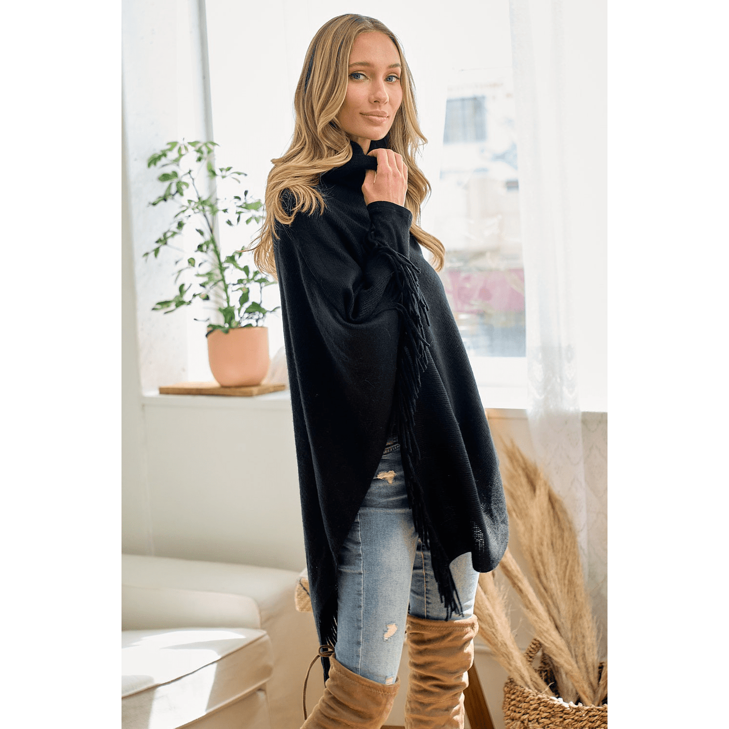 Cozy Sweater Cowl Neck Poncho With Fringe Trim