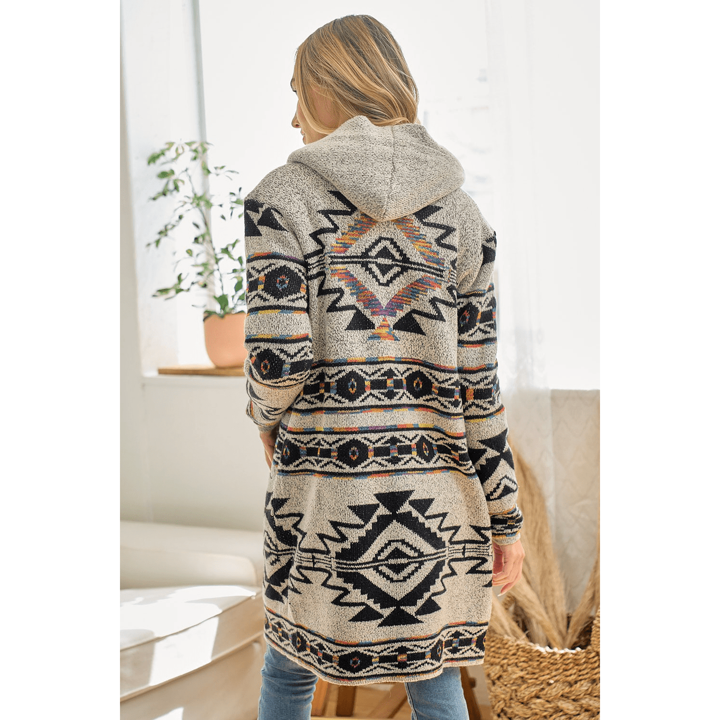 Sweater Hooded Long Cardigan W/ Sherpa Lining