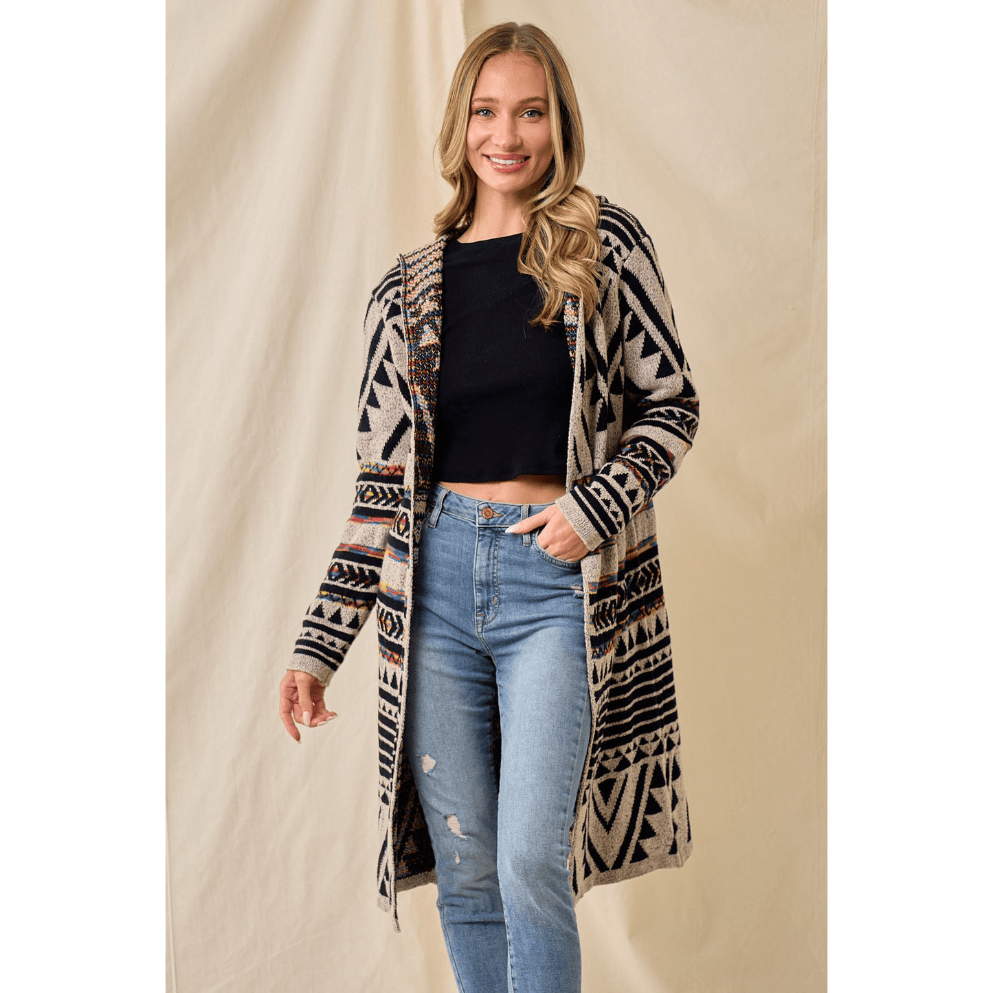 Hooded Boho Assymetric Print Cardigan