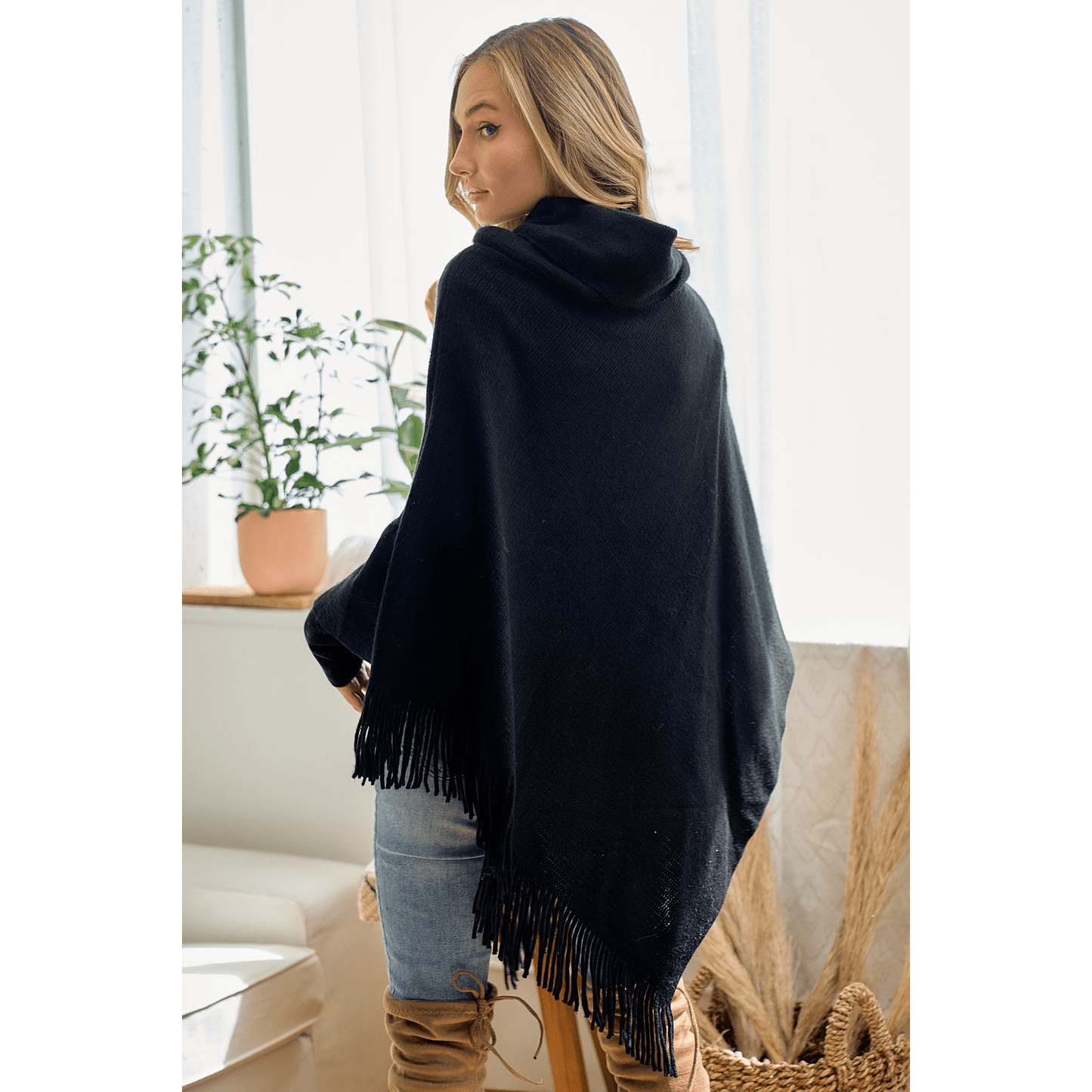 Cozy Sweater Cowl Neck Poncho With Fringe Trim