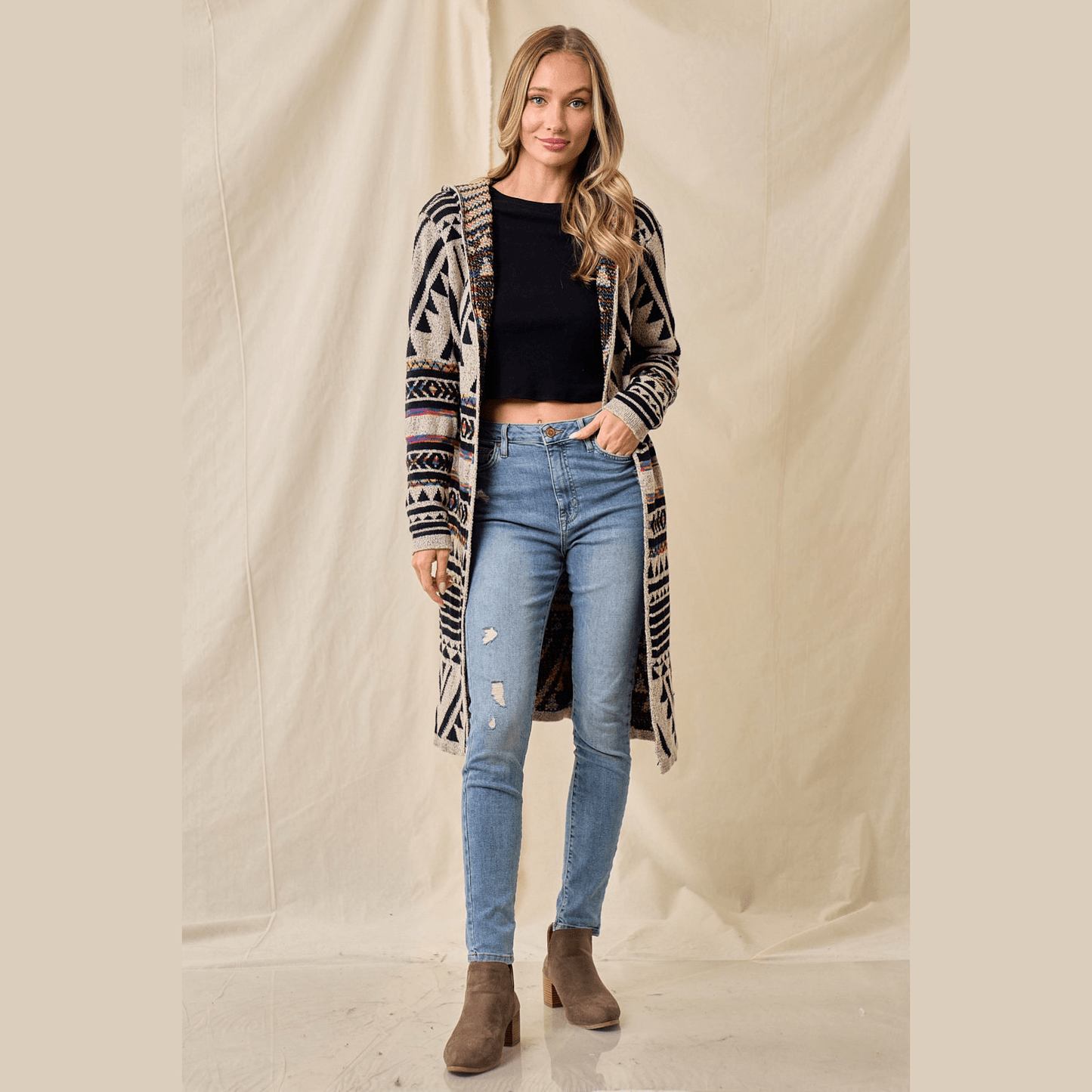 Hooded Boho Assymetric Print Cardigan
