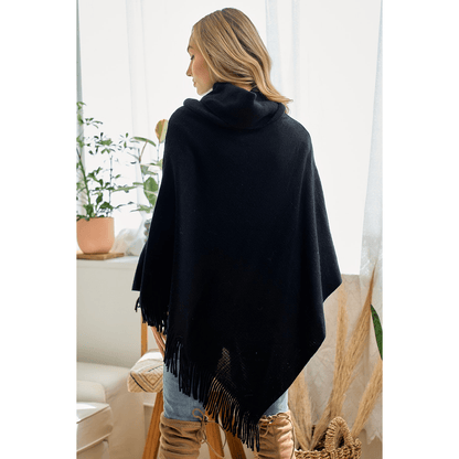 Cozy Sweater Cowl Neck Poncho With Fringe Trim
